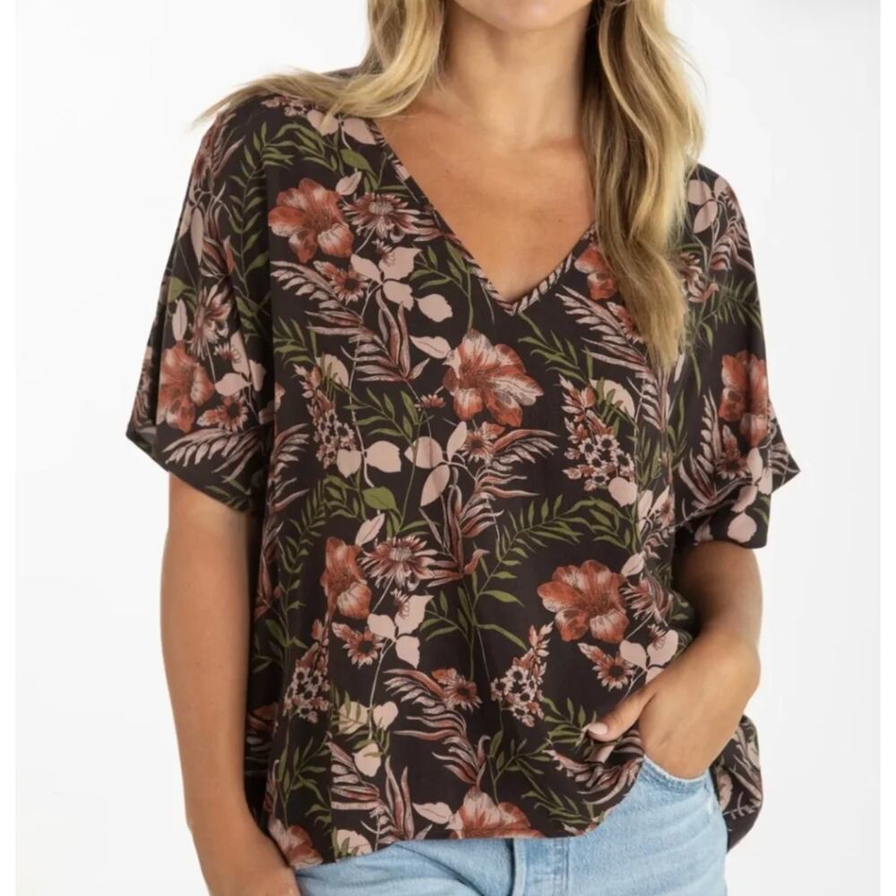 Natural Life Easy V-Neck Floral Top Brown Boho Tropical Size Small